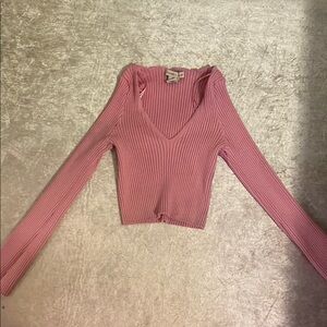 Pink Ribbed V-Neck Long Sleeve Top